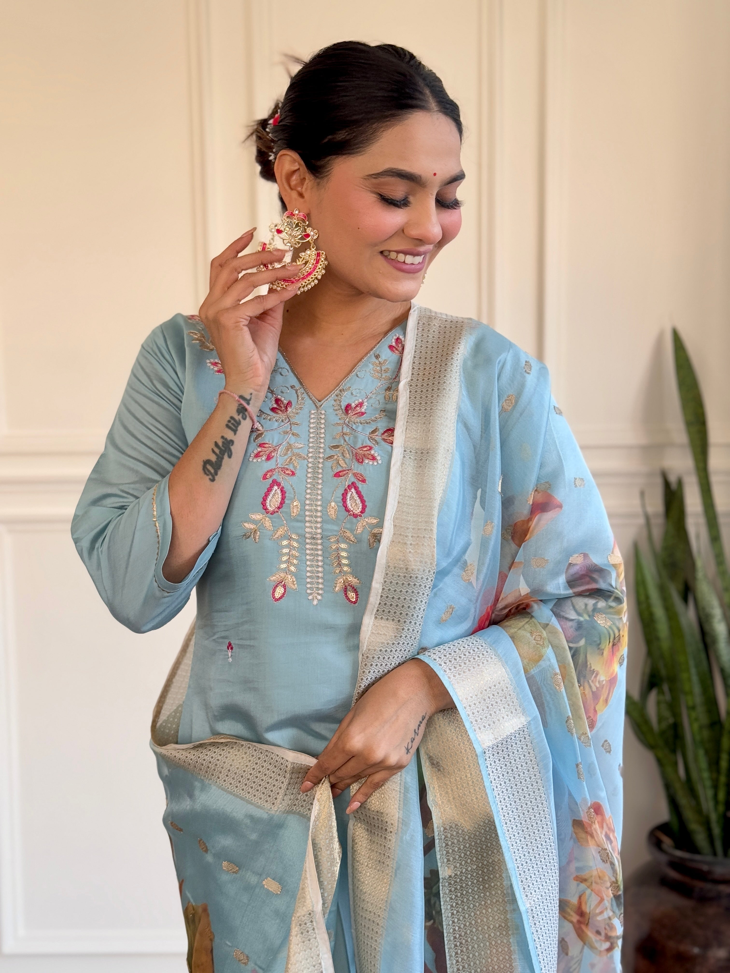 Sky Blue Viscose Chanderi Embroidered Kurta Set with Jacquard Butti Dupatta