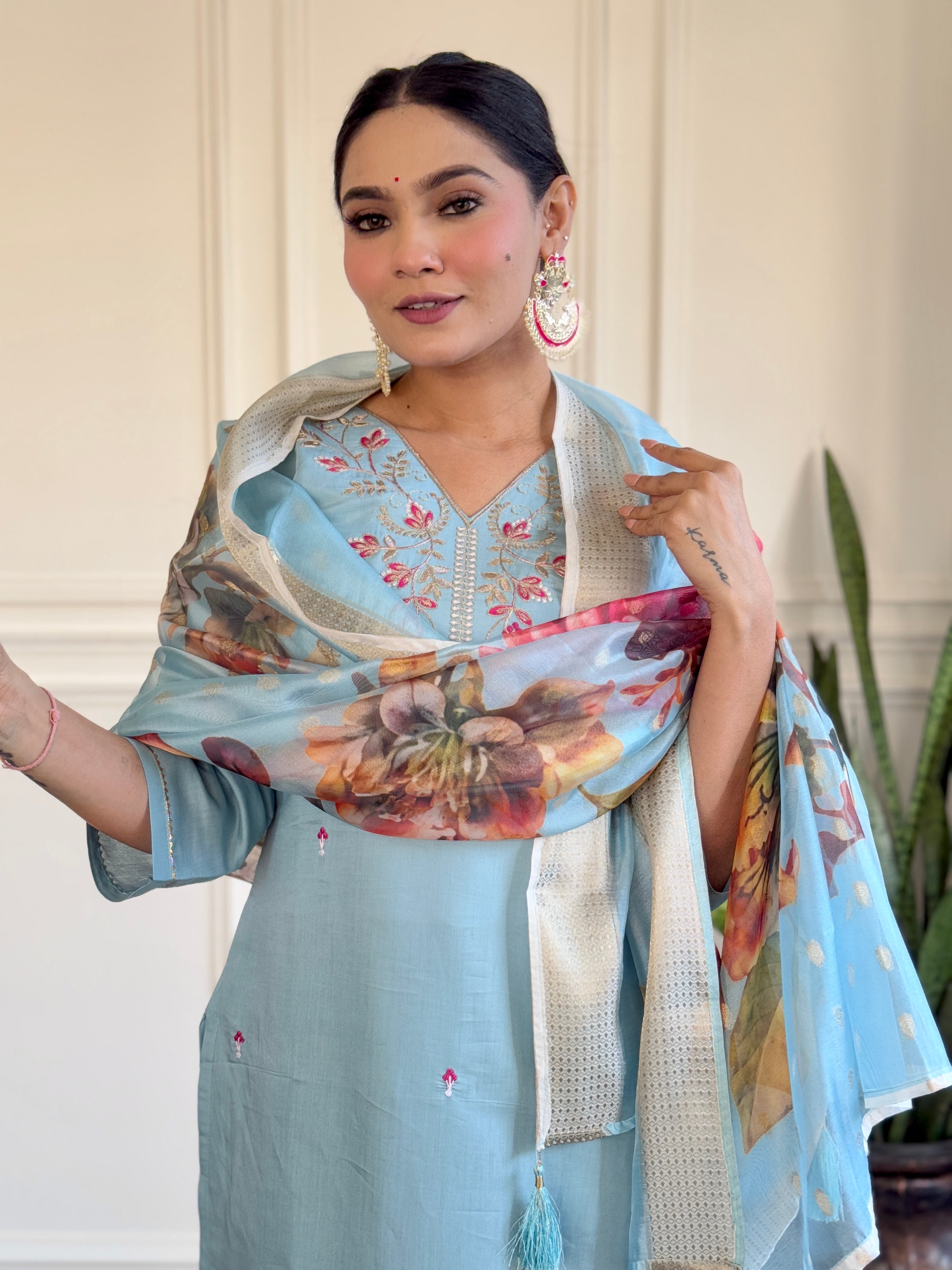 Sky Blue Viscose Chanderi Embroidered Kurta Set with Jacquard Butti Dupatta