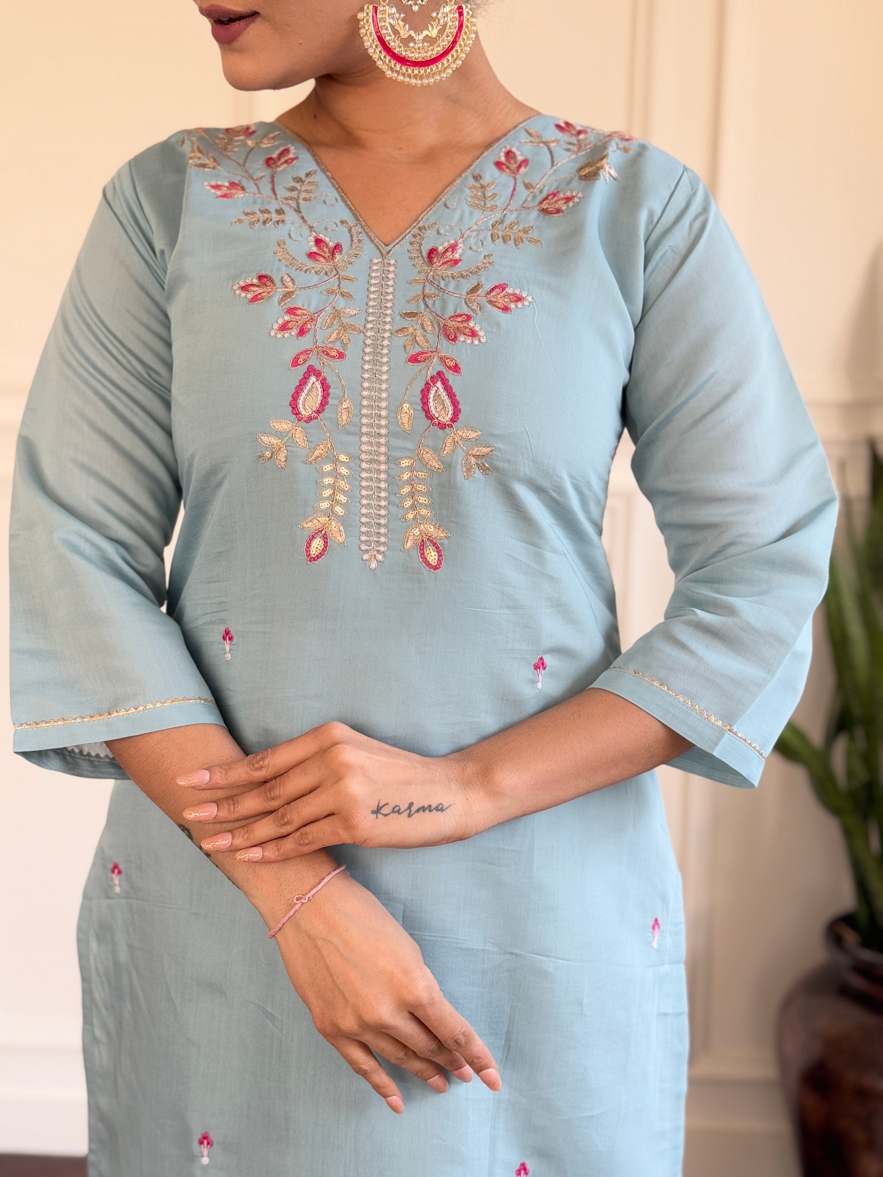 Sky Blue Viscose Chanderi Embroidered Kurta Set with Jacquard Butti Dupatta