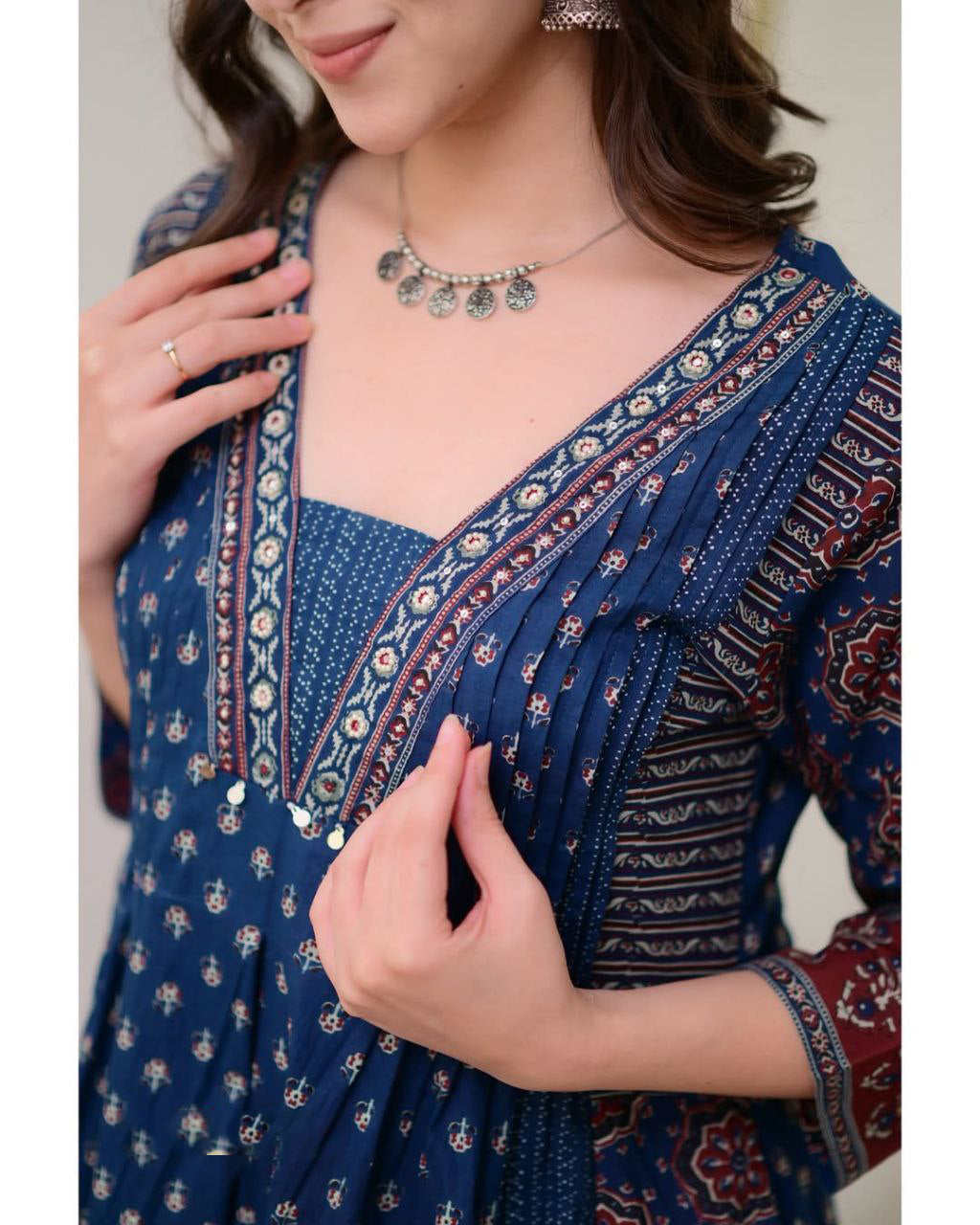 Elegant Blue Mal Cotton Kurti Set with Handwork Neck
