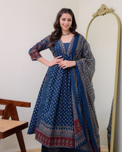 Elegant Blue Mal Cotton Kurti Set with Handwork Neck