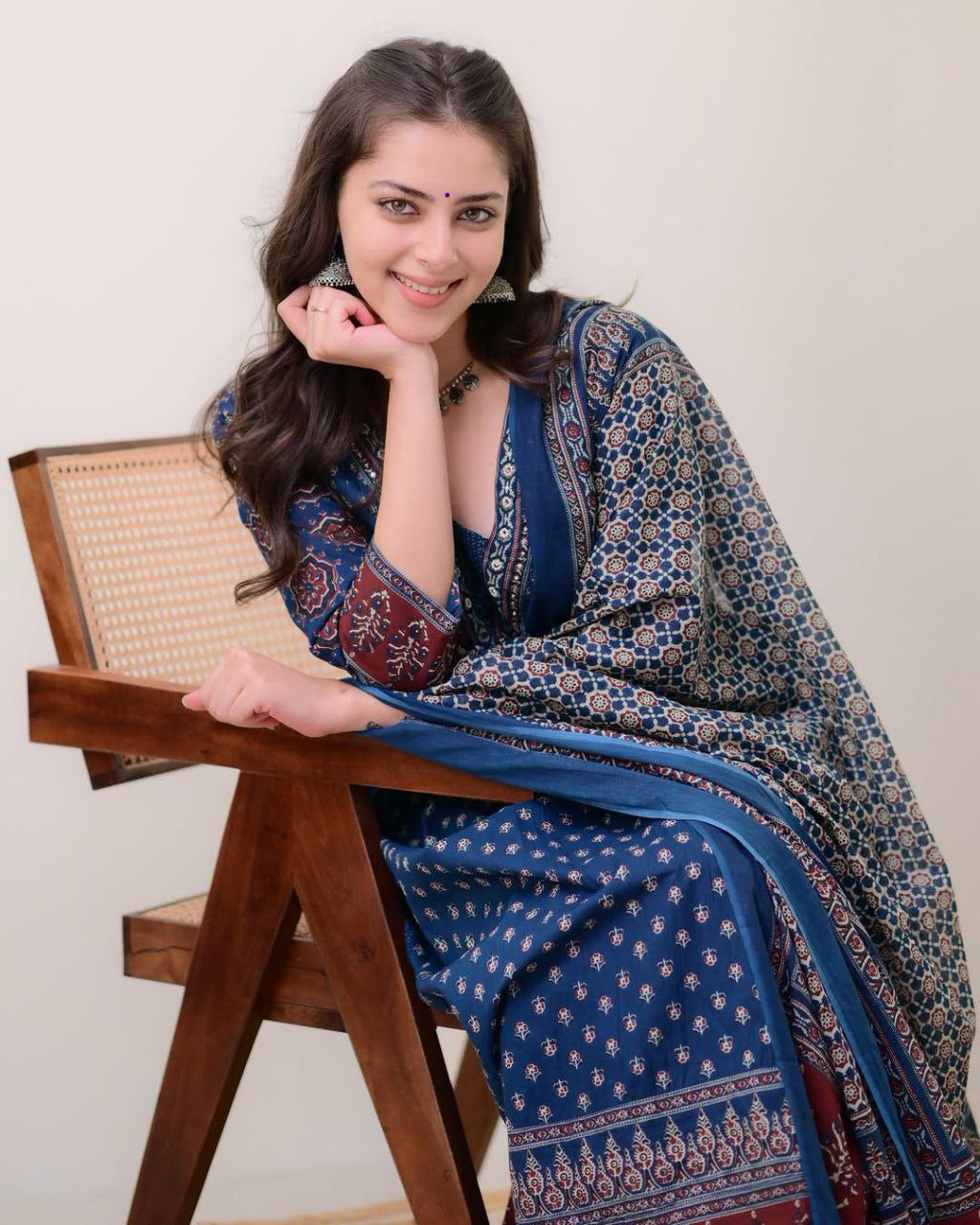 Elegant Blue Mal Cotton Kurti Set with Handwork Neck