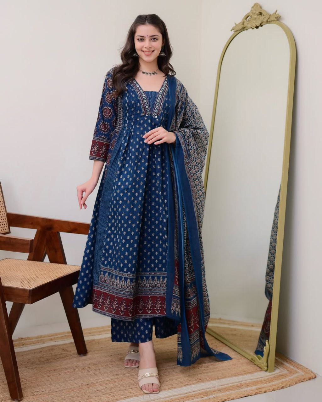 Elegant Blue Mal Cotton Kurti Set with Handwork Neck