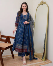 Elegant Blue Mal Cotton Kurti Set with Handwork Neck