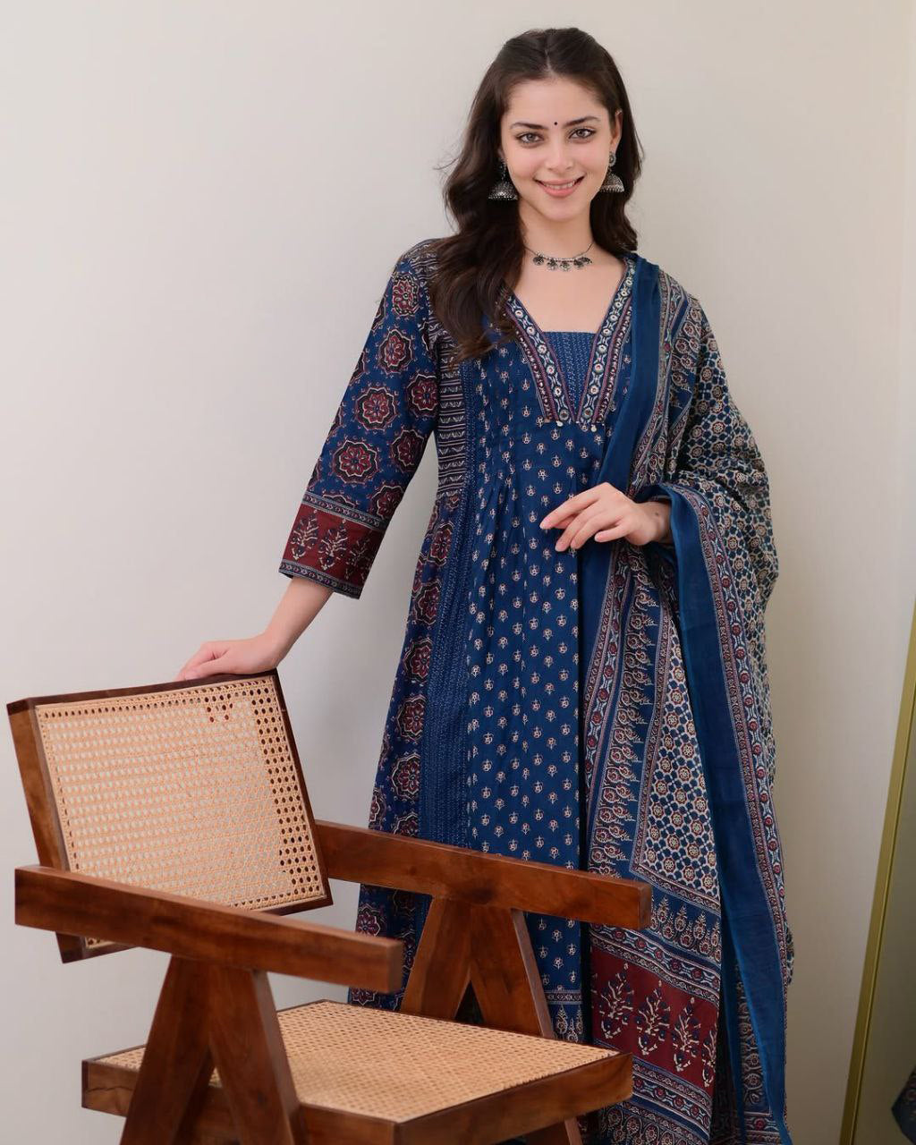 Elegant Blue Mal Cotton Kurti Set with Handwork Neck