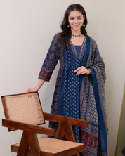 Elegant Blue Mal Cotton Kurti Set with Handwork Neck