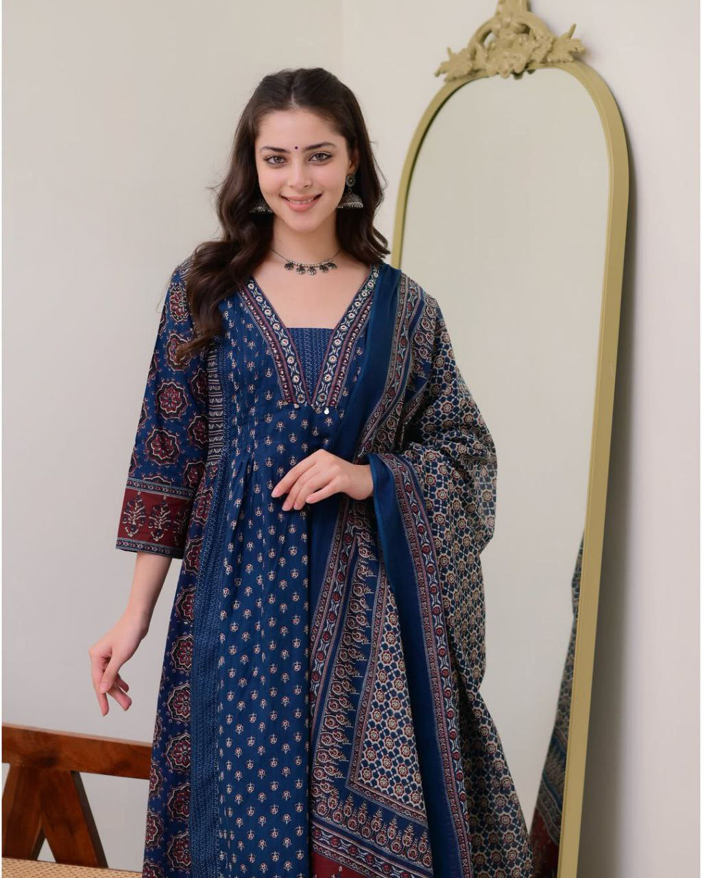 Elegant Blue Mal Cotton Kurti Set with Handwork Neck