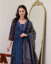 Elegant Blue Mal Cotton Kurti Set with Handwork Neck