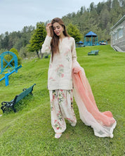 Designer Georgette Kurti Set with Farshi Plazzo & Embroidered Silk Dupatta
