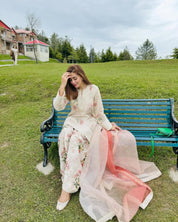 Designer Georgette Kurti Set with Farshi Plazzo & Embroidered Silk Dupatta