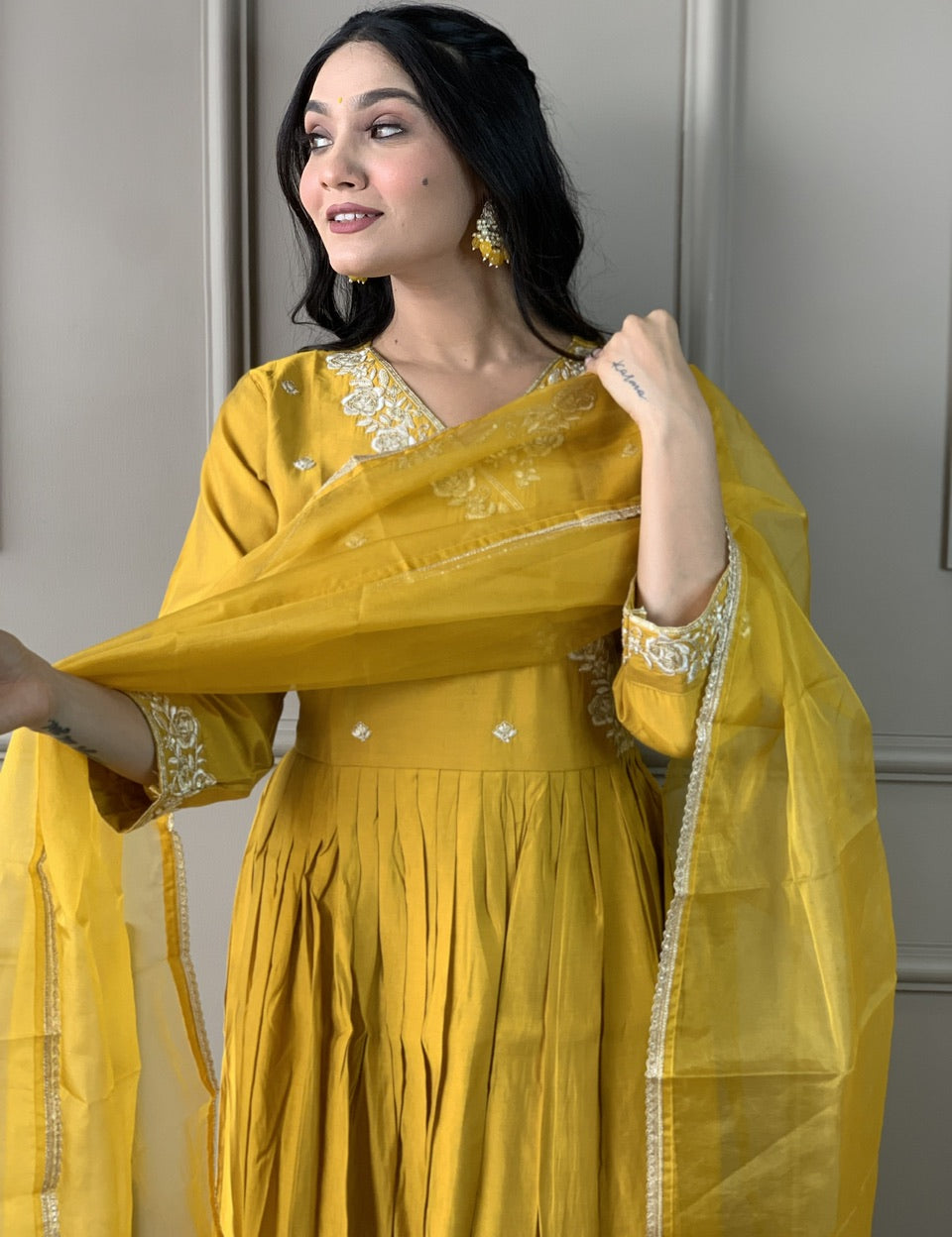 Embroidered Viscose Chanderi Straight Kurta Set with Organza Dupatta