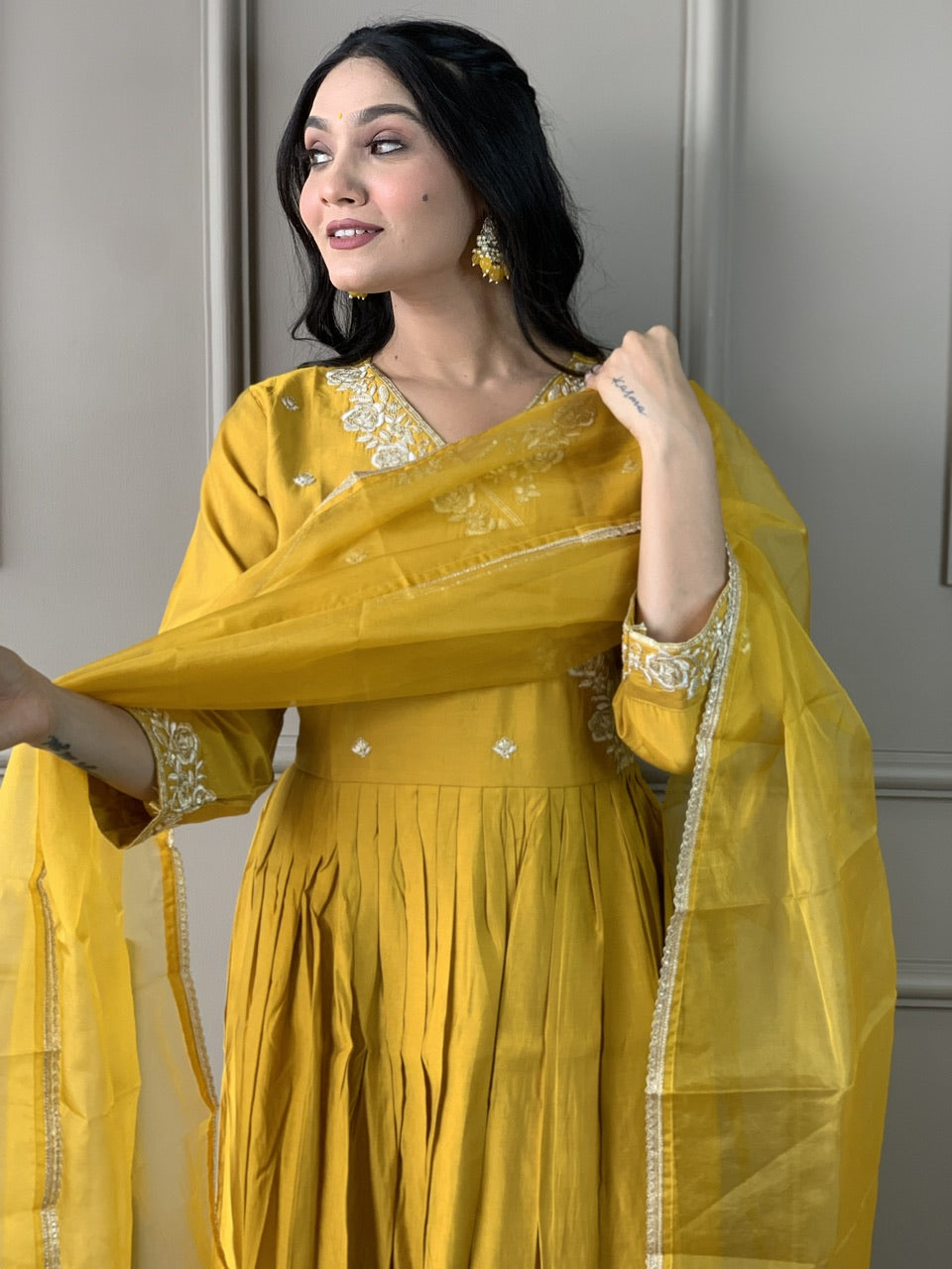 Embroidered Viscose Chanderi Straight Kurta Set with Organza Dupatta