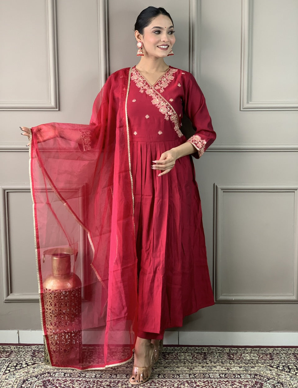 Embroidered Viscose Chanderi Straight Kurta Set with Organza Dupatta