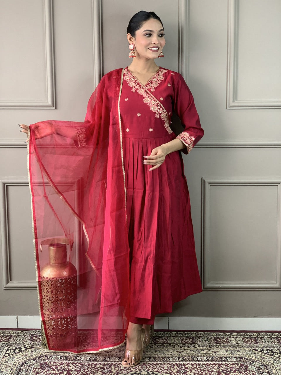 Embroidered Viscose Chanderi Straight Kurta Set with Organza Dupatta