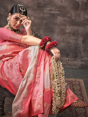 Blush Pink Banarasi Silk Saree with Intricate Zari Work & Unstitched Blouse