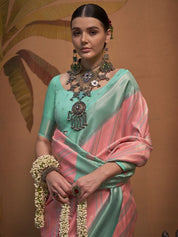 Mint Green & Pink Striped Banarasi Silk Saree with Geometric Zari Border