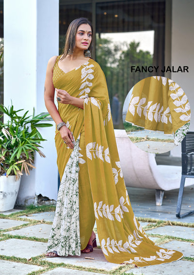 Green Komal Pure Mul Batik Print With Fancy Zalar Saree