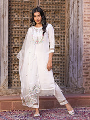 White Embroidered Viscose Chanderi Kurti Set with Organza Dupatta