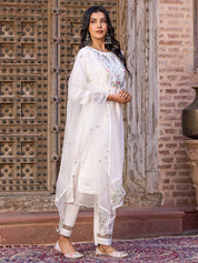 White Embroidered Viscose Chanderi Kurti Set with Organza Dupatta