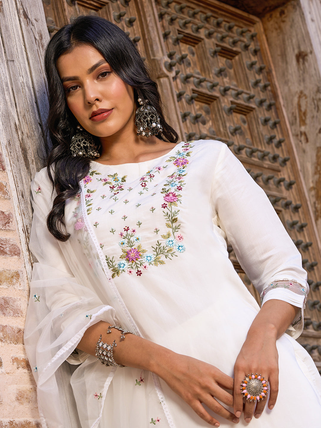 White Embroidered Viscose Chanderi Kurti Set with Organza Dupatta