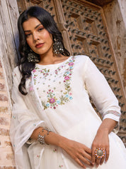 White Embroidered Viscose Chanderi Kurti Set with Organza Dupatta