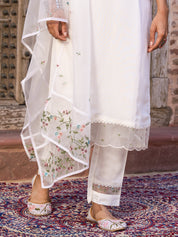 White Embroidered Viscose Chanderi Kurti Set with Organza Dupatta