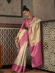 Ivory & Magenta Banarasi Saree with Geometric Zari Patterns and Bold Contrast Border