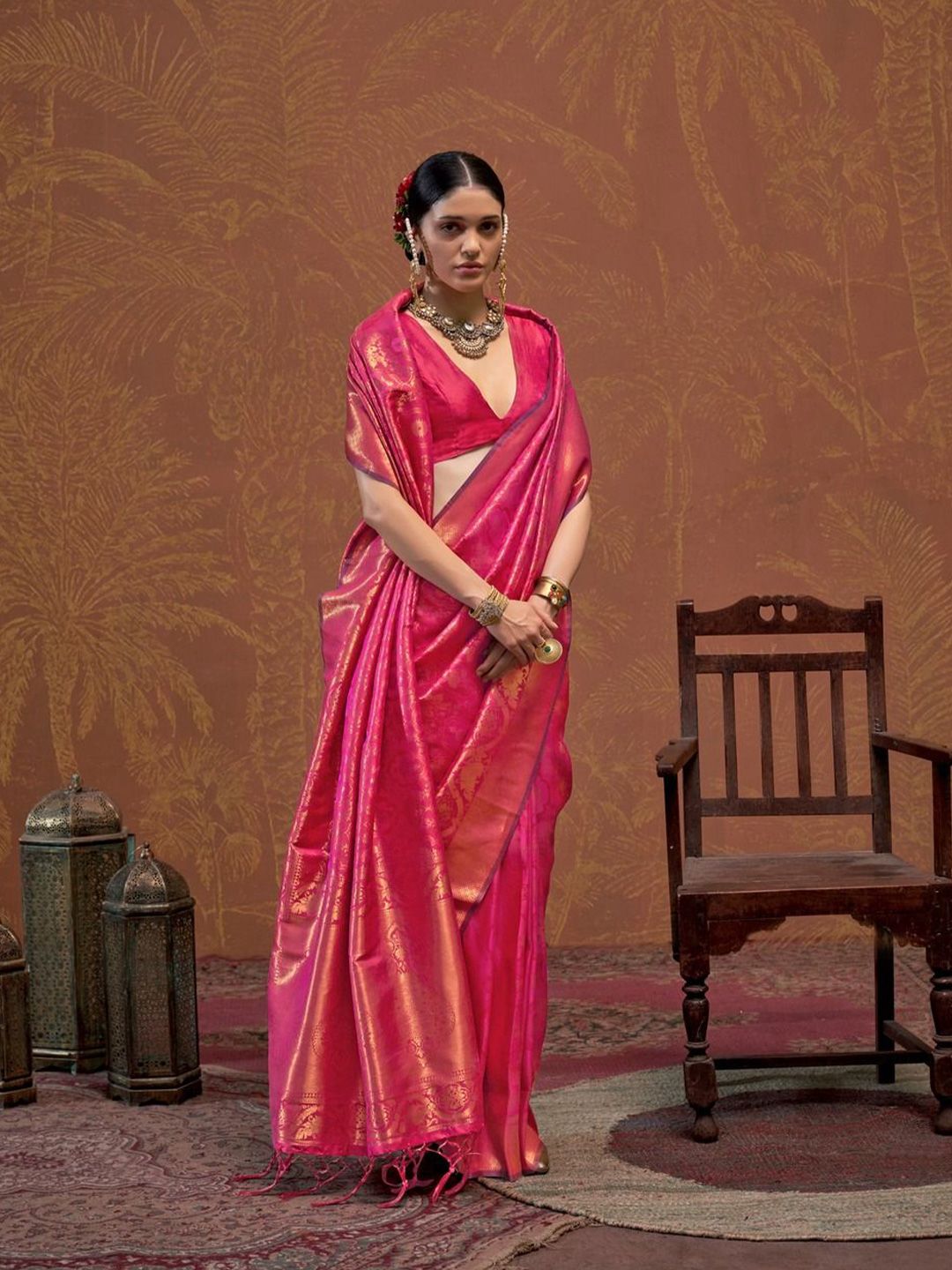 Rani Pink & Orange Banarasi Saree with Gold Zari Detailing