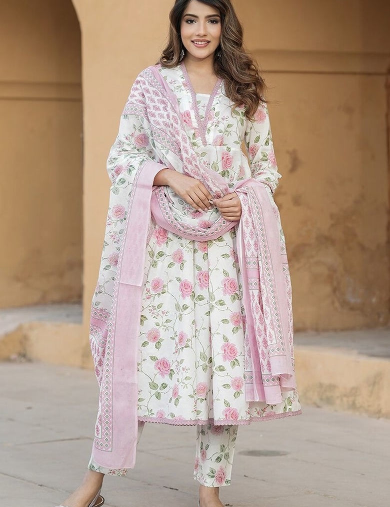 Floral Printed Cotton Slub Straight Kurta Set with Chanderi Dupatta