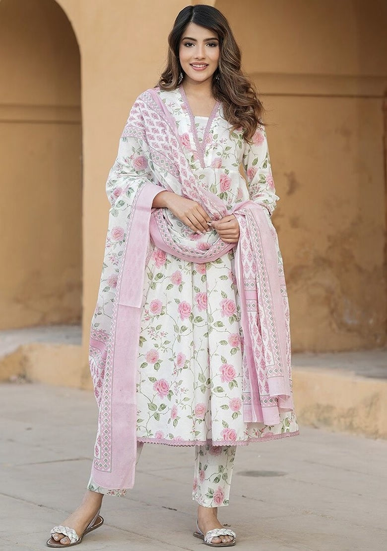 Floral Printed Cotton Slub Straight Kurta Set with Chanderi Dupatta