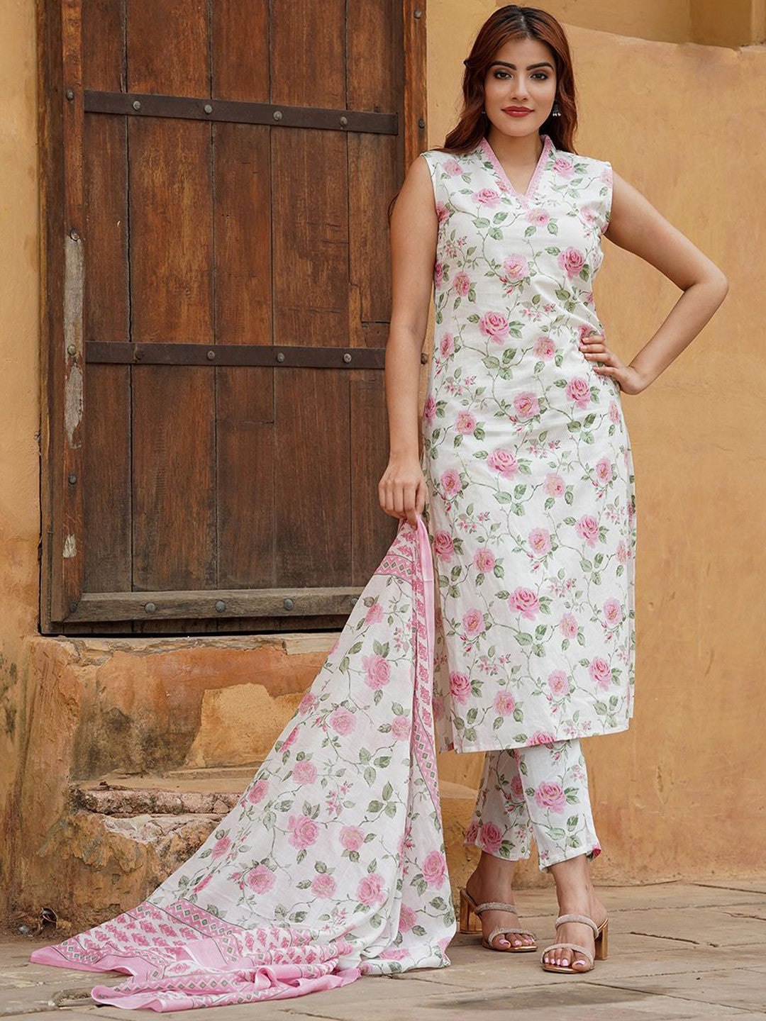 Floral Printed Cotton Slub Kurta Set with Chanderi Dupatta