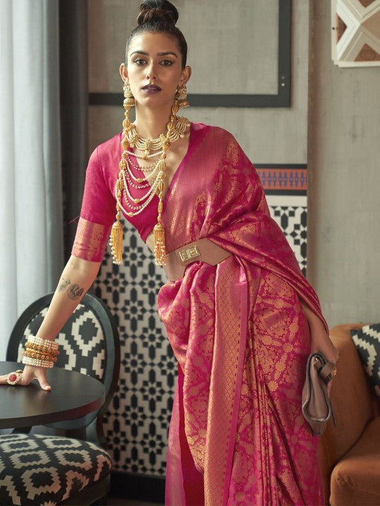 Majestic Pink & Gold Banarasi Silk Blend Saree with Ornate Zari Highlights