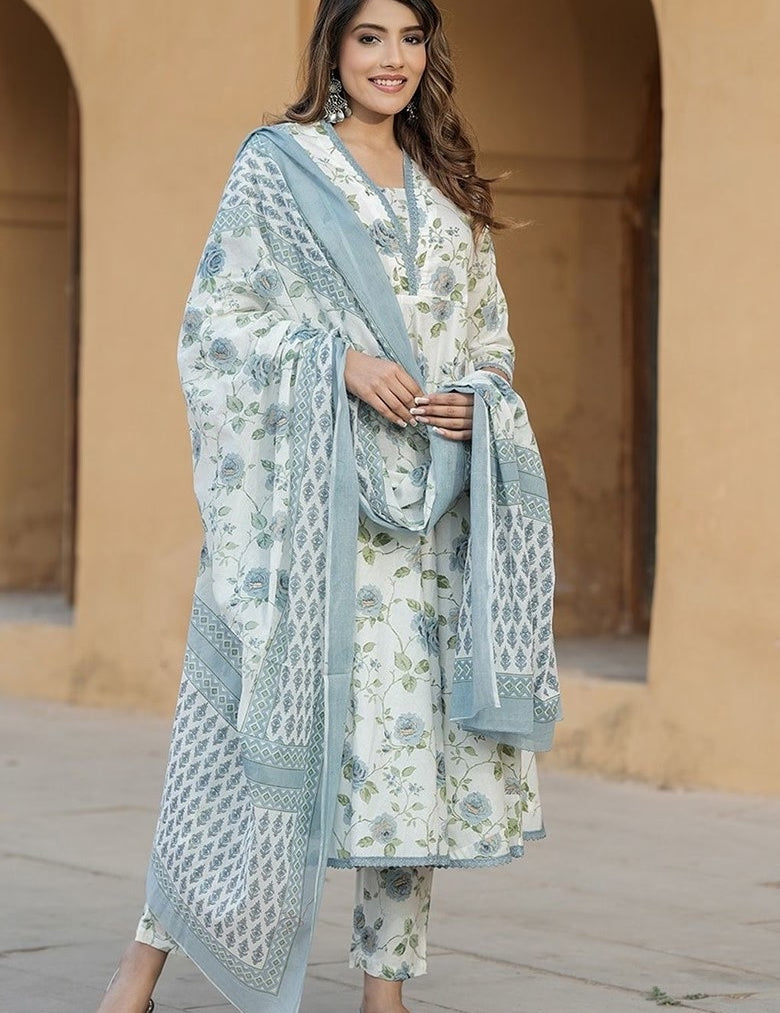 Floral Printed Cotton Slub Straight Kurta Set with Chanderi Dupatta