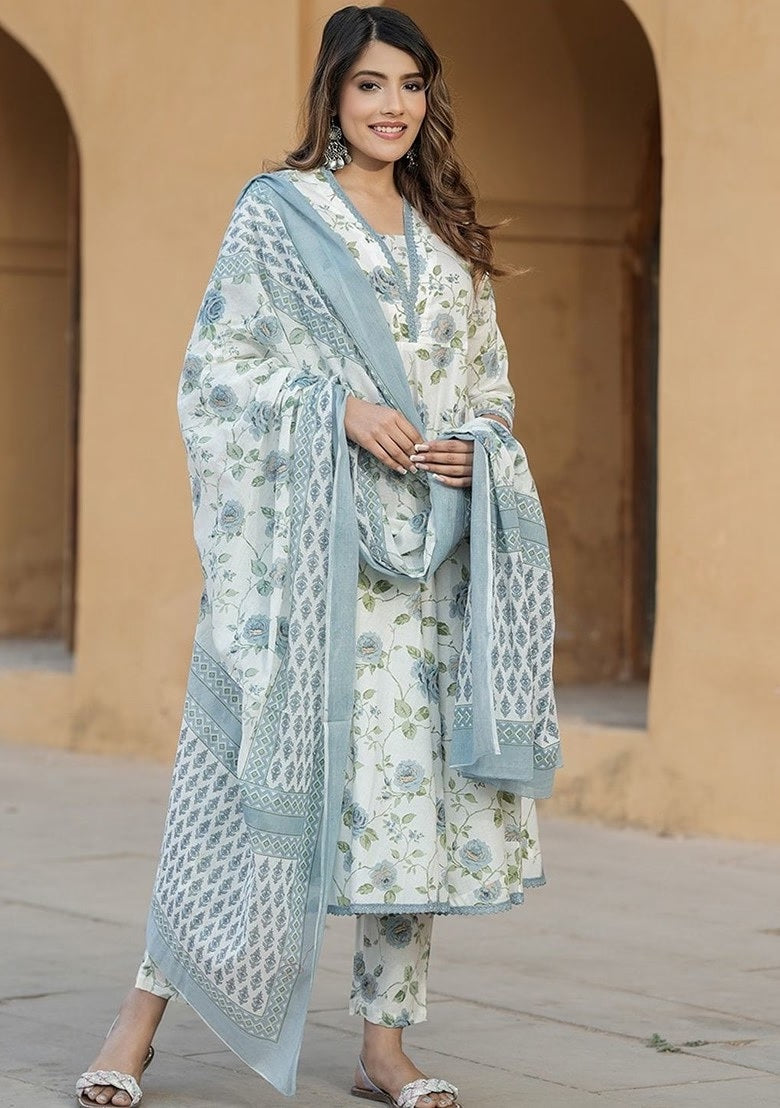 Floral Printed Cotton Slub Straight Kurta Set with Chanderi Dupatta