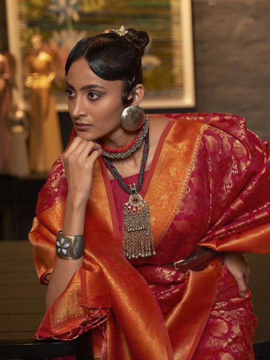 Red & Orange Banarasi Saree with Gold Zari & Woven Design Border