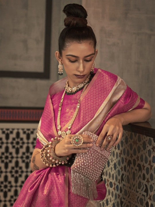 Ivory & Magenta Banarasi Saree with Geometric Zari Patterns and Bold Contrast Border