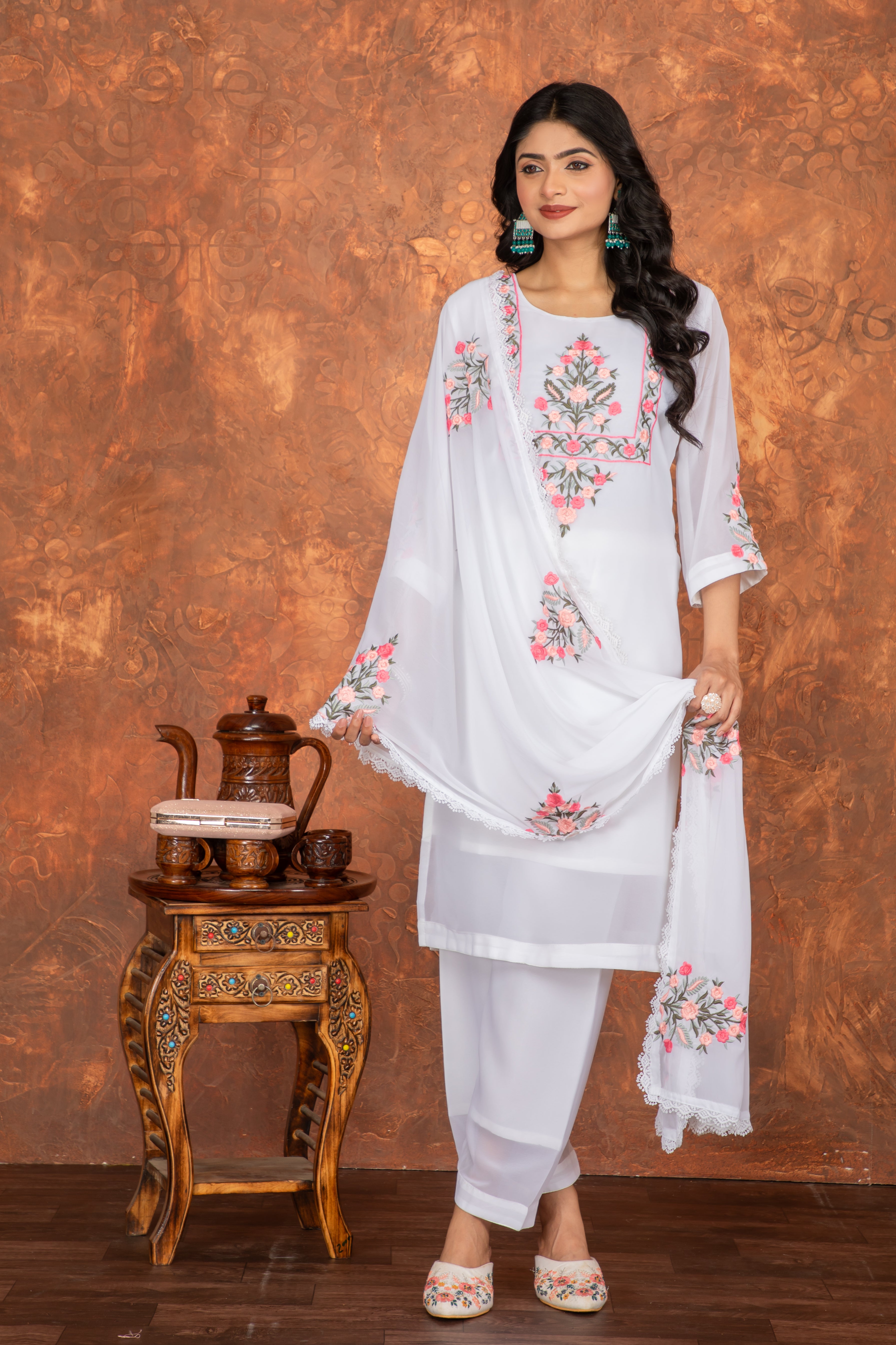 White Embroidered Faux Georgette Straight Kurta Set with Bell Sleeves