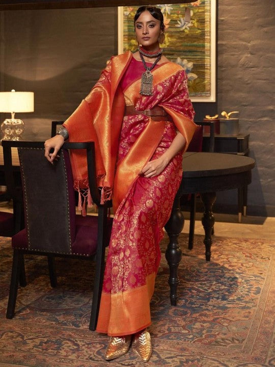 Red & Orange Banarasi Saree with Gold Zari & Woven Design Border