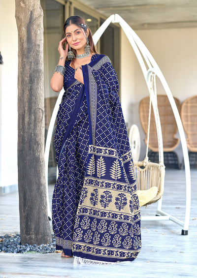 Victoria-FZ Pure Mul Cotton Bandhani Print Saree in Royal Blue with Fancy Zalar