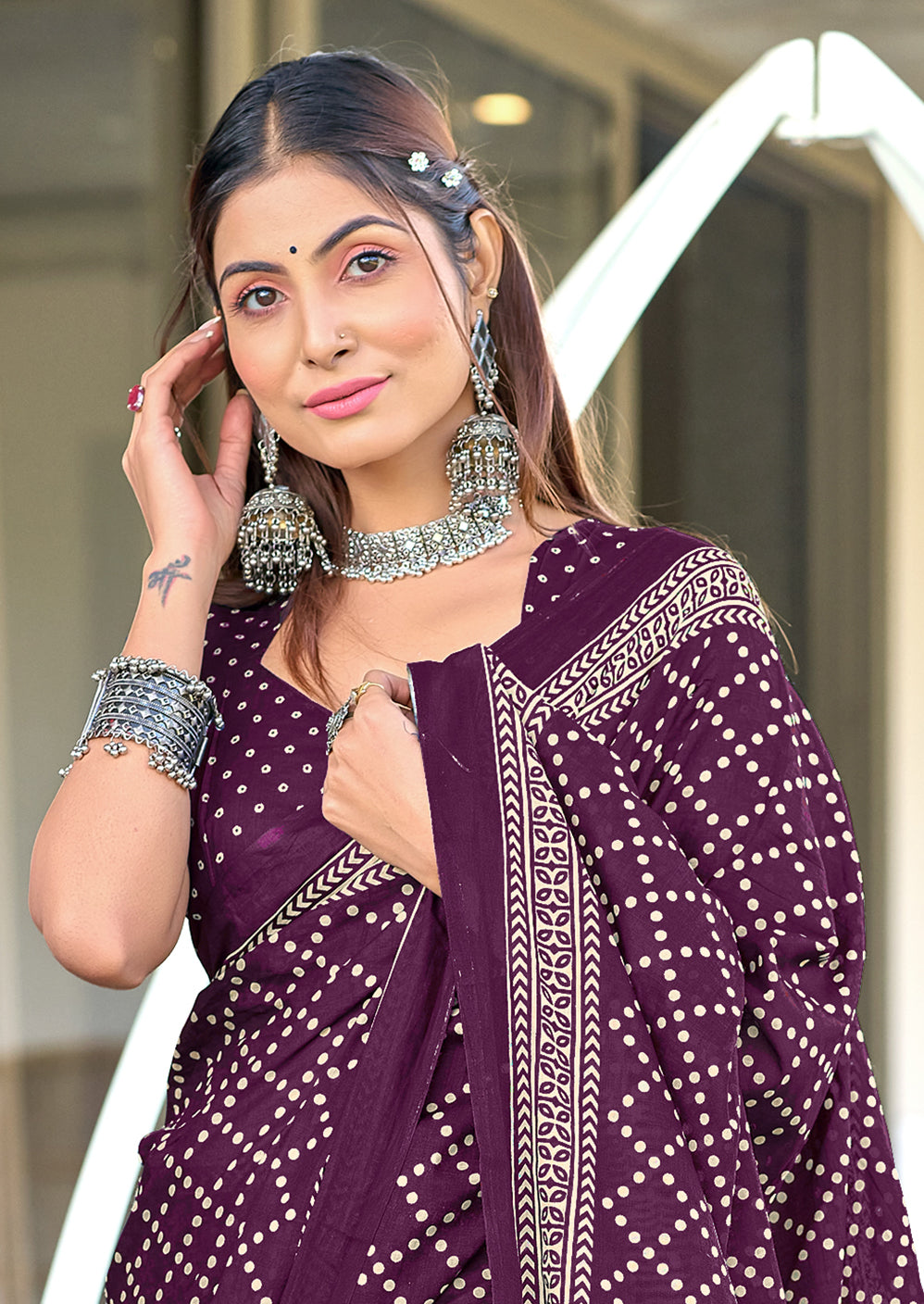 Victoria-FZ Pure Mul Cotton Bandhani Print Saree in Magenta with Fancy Zalar