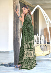 Victoria-FZ Pure Mul Cotton Bandhani Print Saree in Green with Fancy Zalar