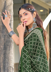 Victoria-FZ Pure Mul Cotton Bandhani Print Saree in Green with Fancy Zalar