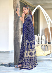 Victoria-FZ Pure Mul Cotton Bandhani Print Saree in Royal Blue with Fancy Zalar