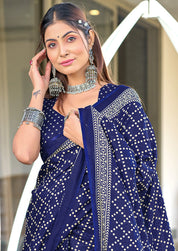 Victoria-FZ Pure Mul Cotton Bandhani Print Saree in Royal Blue with Fancy Zalar