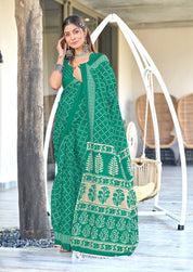 Victoria-FZ Pure Mul Cotton Bandhani Print Saree in Sea Green with Fancy Zalar