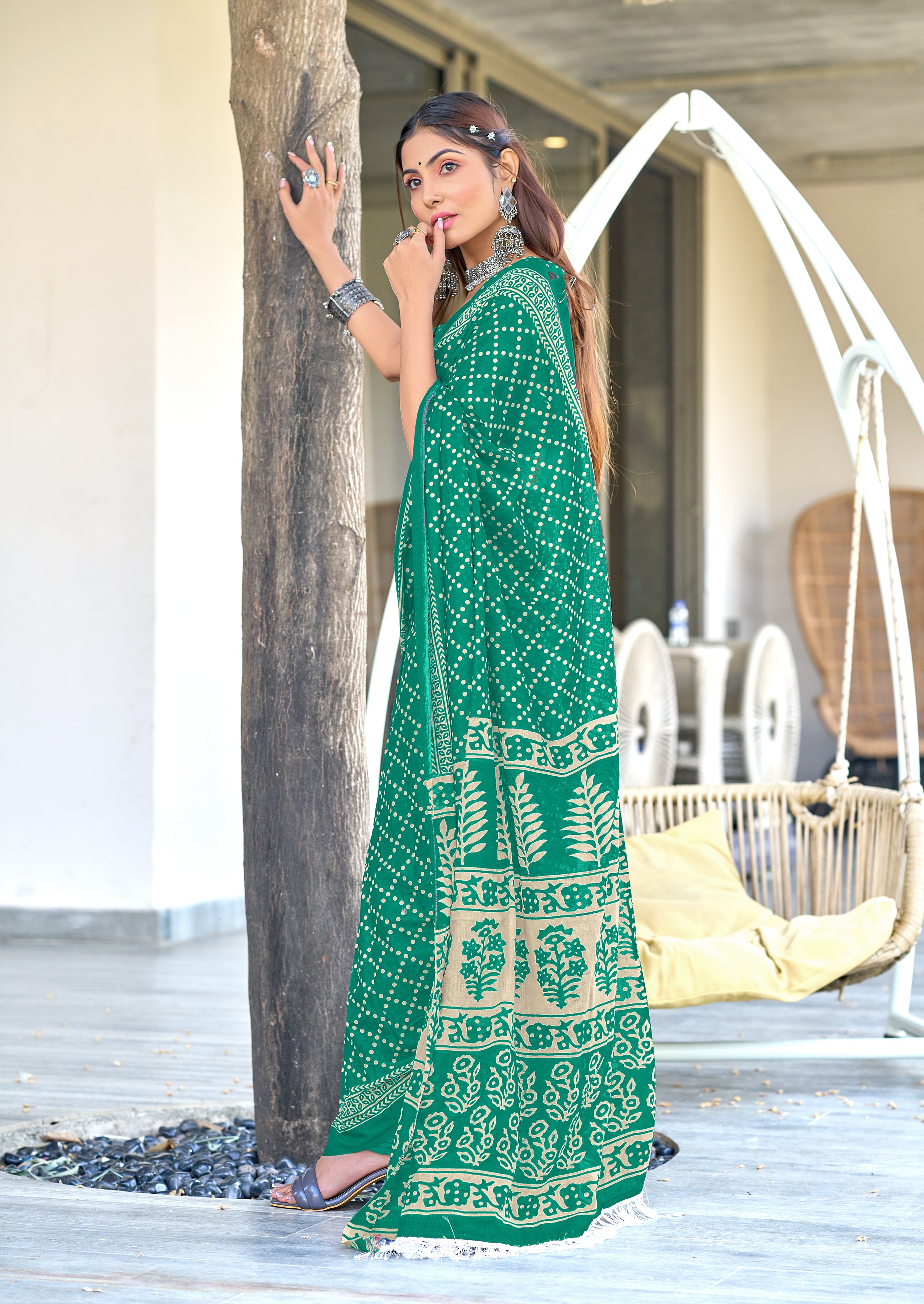 Victoria-FZ Pure Mul Cotton Bandhani Print Saree in Sea Green with Fancy Zalar