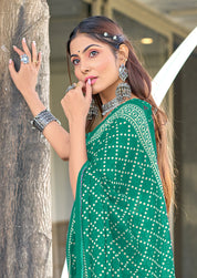 Victoria-FZ Pure Mul Cotton Bandhani Print Saree in Sea Green with Fancy Zalar