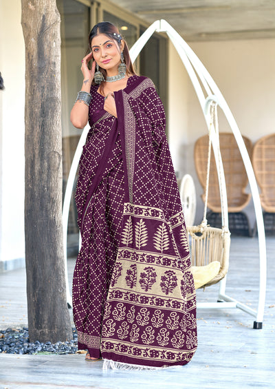 Victoria-FZ Pure Mul Cotton Bandhani Print Saree in Magenta with Fancy Zalar