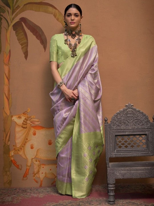 Lime Green & Lavender Banarasi Silk Saree with Zari Accents