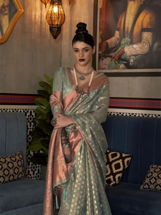 Graceful Green & Gold Banarasi Silk Blend Saree with Zari Detailing
